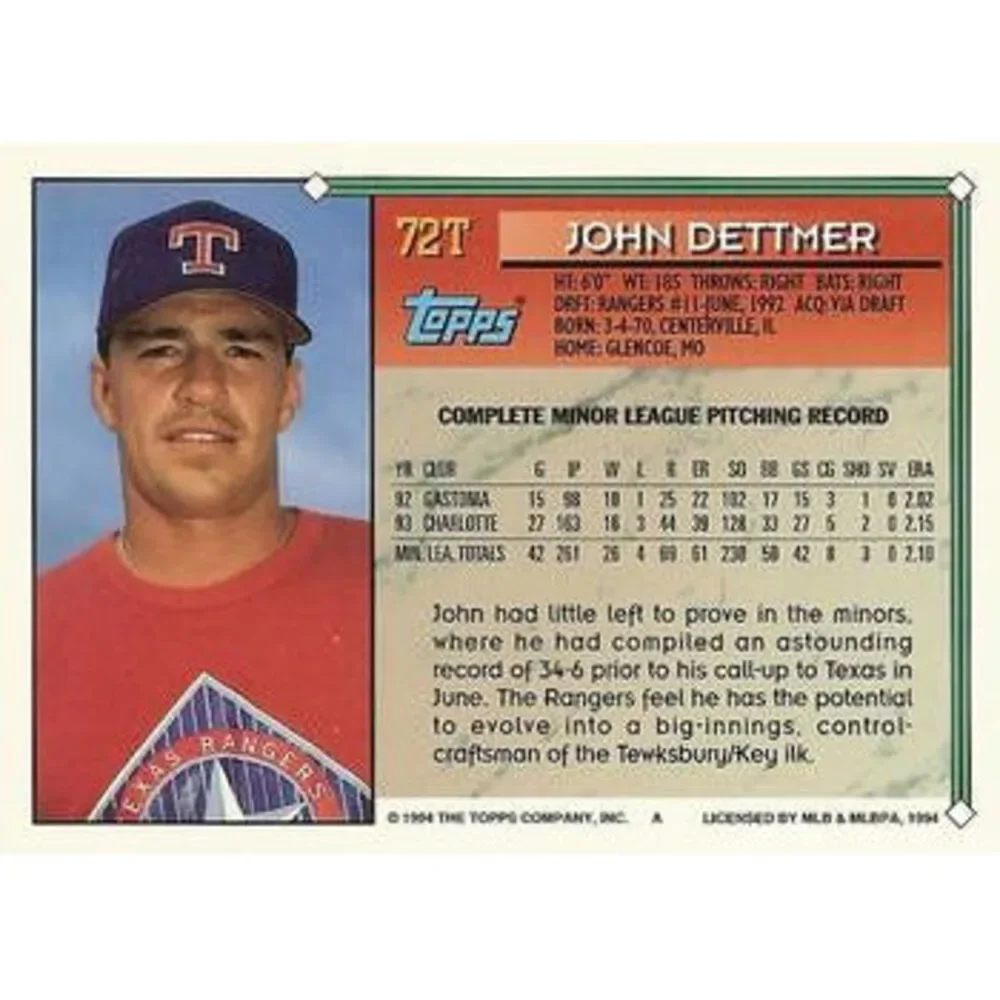 1994 Topps Traded John Dettmer 72T Texas Rangers